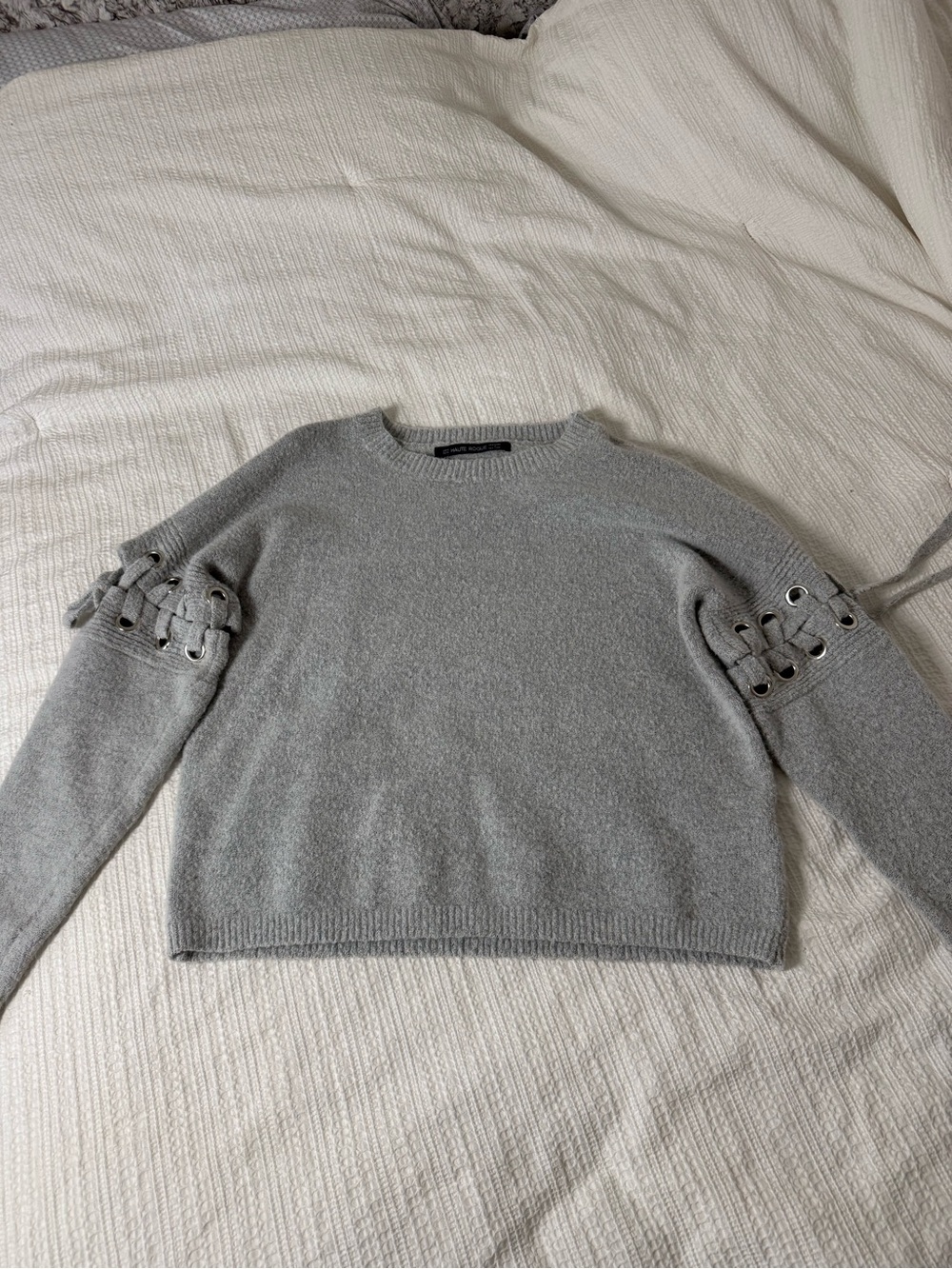 Gray Crewneck Sweater with Grommet Lace-Up Sleeves